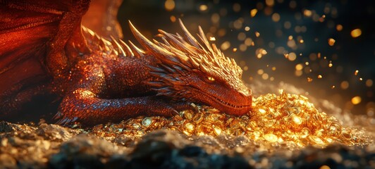 A majestic dragon curled around a treasure hoard