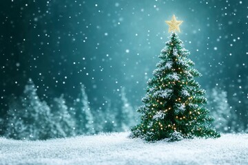 Obraz premium Snow covered Christmas tree with a glowing star on top set in a winter landscape symbolizing holiday traditions festive decor and seasonal beauty