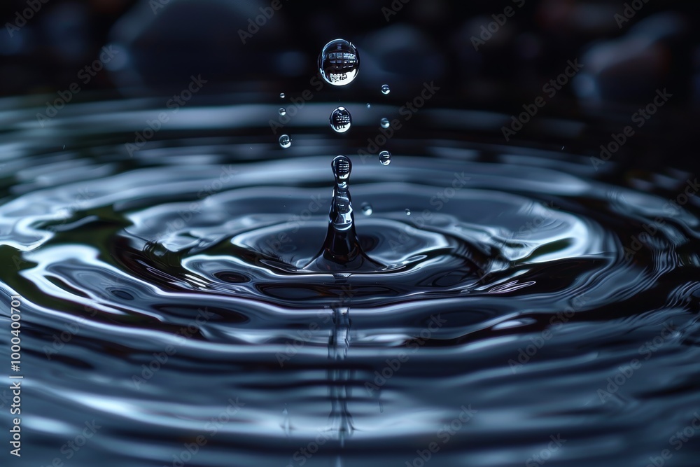 Wall mural detailed close up of a water droplet creating ripples in dark water, highlighting fluid dynamics