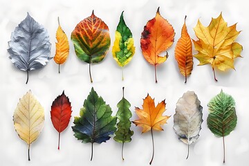 Vector illustration of various green leaf icons isolated on a white background, featuring detailed and diverse leaf shapes ideal for botanical designs and eco-friendly projects.