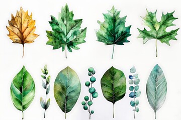 Vector illustration of various green leaf icons isolated on a white background, featuring detailed and diverse leaf shapes ideal for botanical designs and eco-friendly projects.