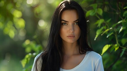 Fototapeta premium Portrait of young adult woman with long black hair wearing white shirt