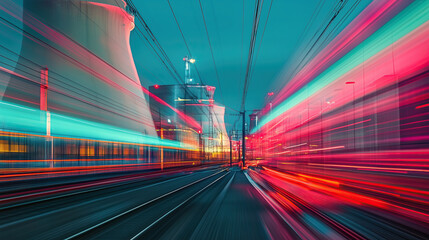 Fototapeta premium long exposure with motion blur light trail of nuclear power plant at night 