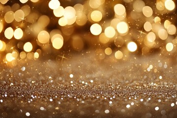 Golden sparkling bokeh lights covering a surface creating a festive and magical Christmas atmosphere of warmth and celebration