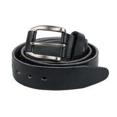 Fashionable men's leather belt with matted metal buckle isolated on white background. Black belt for men. Black leather belt for trousers and jeans. Male accessory