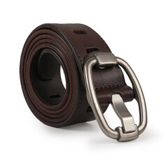 Fashionable men's leather belt with matted metal buckle isolated on white background. Brown belt for men. Brown leather belt for trousers and jeans. Male accessory