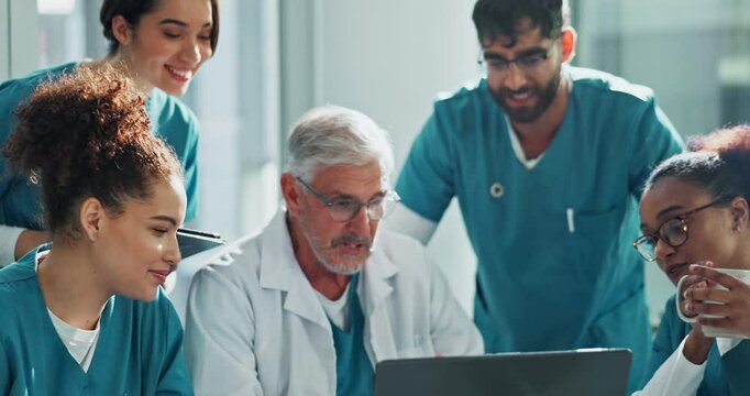 Medical, team and doctor with laptop for discussion in boardroom with healthcare training and surgery planning. Medicine, expert and diversity group with mentor for brainstorming feedback in clinic