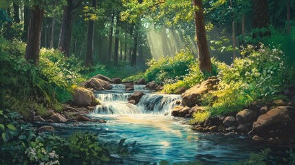 Obraz premium A Sunlit Forest Stream Cascading Over Rocks
