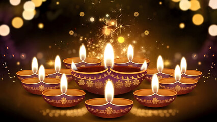 Beautifully Lit Traditional Diya Oil Lamps Surrounded by Sparkles and Bokeh: A Festive Diwali Celebration of Light and Joy
