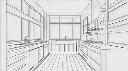 Fototapeta premium A black and white line drawing of an empty kitchen.