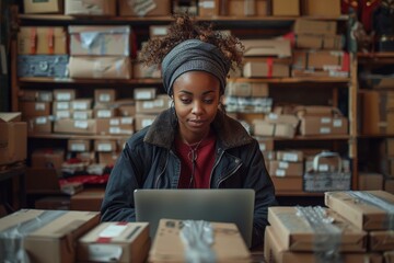 Young entrepreneur managing home based business with smartphone and laptop amidst shipping supplies