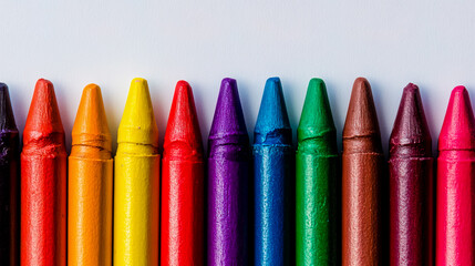 A close-up of colorful crayons arranged in a neat row on a white background.