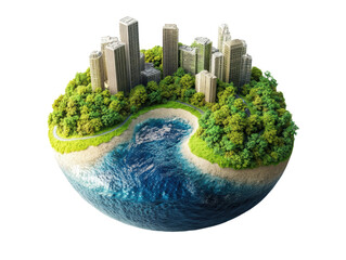 Cityscape surrounded by lush greenery and water body. transparent background