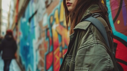 Obraz premium A close-up shot of a woman wearing a green jacket as she walks through a narrow alley lined with colorful graffiti. The image captures a stylish, urban feel, emphasizing individuality and street