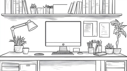 hand-drawn illustration of modern office workspace with computer and organized stationery