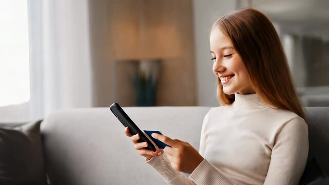
Happy woman, credit card, and smartphone in living room on couch. Fintech and online transaction for shopping at home.