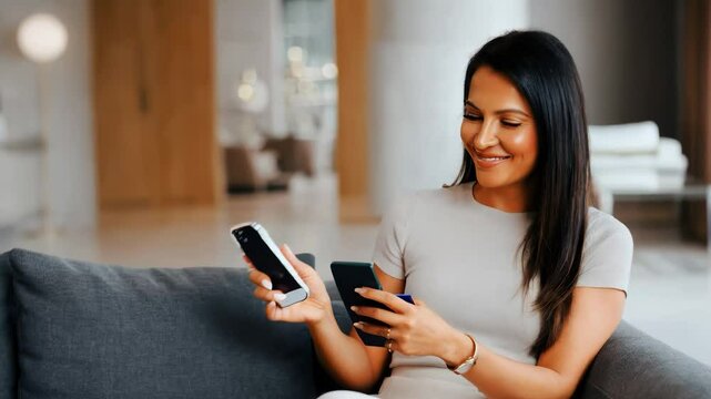 
Happy woman, credit card, and smartphone in living room on couch. Fintech and online transaction for shopping at home.