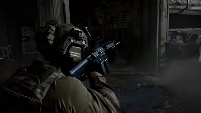 Action war adventure game concept can be inserted in monitor screen. From a special forces soldier's point of view on the battlefield. Counter-terrorism operation in combat.