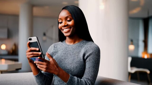 
Happy woman, credit card, and smartphone in living room on couch. Fintech and online transaction for shopping at home.