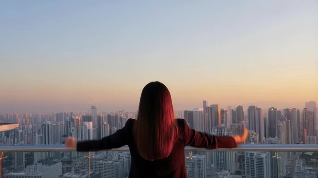A successful business woman stands on a rooftop at dusk, happy with arms up the horizon, as the city below hint at endless opportunities.