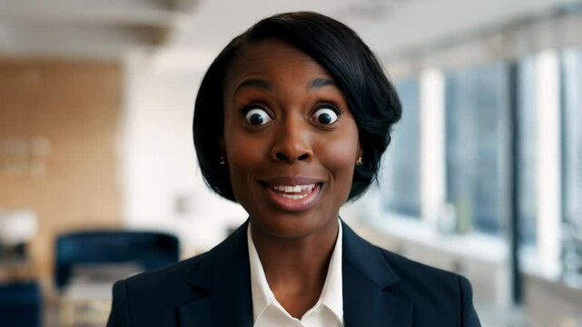 Happy enthusiastic emotional black woman feeling shock joy surprised amazed in feels delight by good news opens mouth in surprise joyfully
