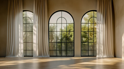 Fototapeta premium Room with large arched windows featuring a black steel frame.