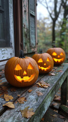 Obraz premium Three jack-o'-lanterns light up a wooden porch.