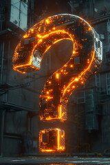 3D digital question mark made of glowing connected circuits on a bright technology background. Gives a futuristic feel. Perfect for use in innovation presentations or technology communication.