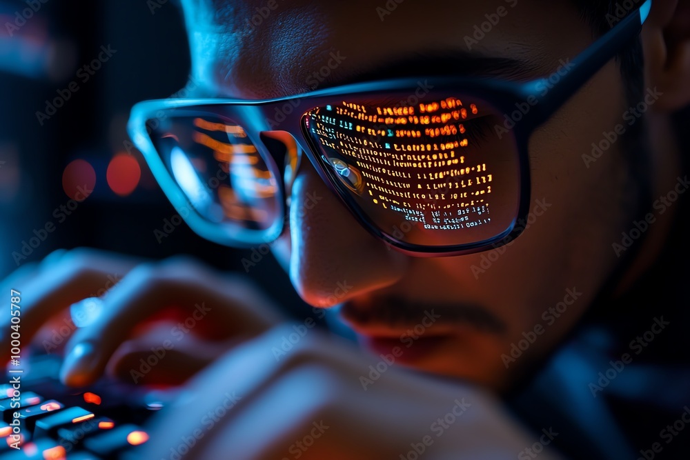 Aufkleber Close-up of a hacker's hands typing on a keyboard, with code reflected in the glasses, showing precision and focus in their digital infiltration