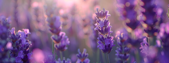 Fototapeta premium Abstract background with lavender flowers on a purple sunset background, blurred background for banner design on social networks and for your design, space for text