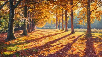 Naklejka premium Golden Autumn Sunlight Filtering Through a Row of Trees