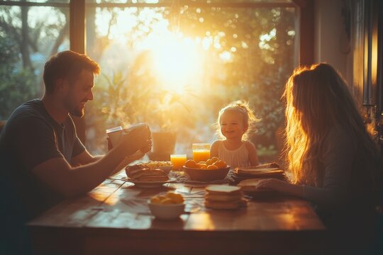 Un momento tranquilo de una familia desayunando junta al amanecer. La luz del sol ilumina suavemente la escena, mientras la familia disfruta de su comida en una atm&oacute;sfera acogedora y familiar.
