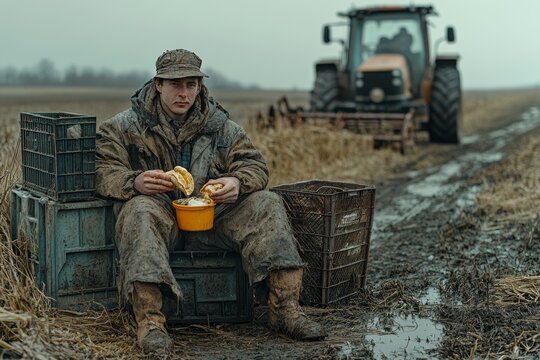 Un joven agricultor toma un descanso para almorzar en medio de un campo fangoso en un d&iacute;a fr&iacute;o. La escena refleja el trabajo duro en condiciones dif&iacute;ciles, con el tractor aparcado cerca y el ambiente 