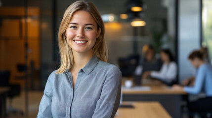 Young businesswoman with crossed arms smiling in a contemporary office setting with colleagues busy in the background