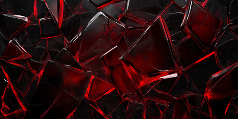 Shattered red, black glass fragments reflecting light, artistic abstract image, broken concept