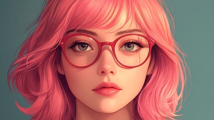 Fototapeta premium Portrait of a young woman with pink hair and round glasses. Anime style illustration.