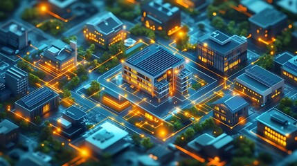 Obraz premium Smart city concept, Futuristic urban landscape with interconnected buildings and glowing lines. Illustration of digital transformation and technological advancements