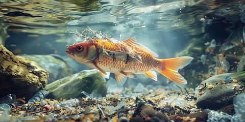 Naklejka premium Fish swimming in a polluted river surrounded by plastic waste and debris underwater