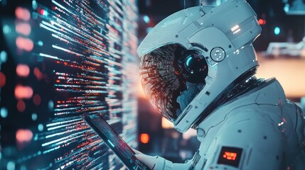 A futuristic spaceman reading programming code with it being reflected over his space helmet