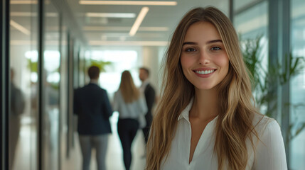 Businesswoman smiling with colleagues in the background of a contemporary office setting