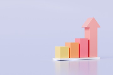 3D Bar Chart with arrow rising icon on isolated purple background. Soaring finances, strengthening currency concept. Minimal Data analysis bar pie graph growth up with an arrow rising icon. 3d render.