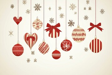 Hanging Christmas ornaments in red and gold with snowflakes and ribbon against a cream background capturing traditional holiday motifs and elegant festive decor