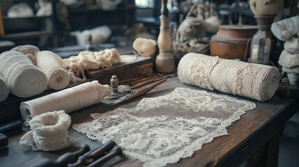 Historical Lace Making, a timeline of the history of lace making, with copy space, International Lace Day