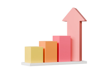 3D Bar Chart with arrow rising icon on isolated purple background. Soaring finances, strengthening currency concept. Minimal Data analysis bar pie graph growth up with an arrow rising icon. 3d render.