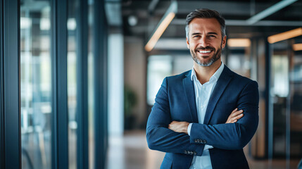 Fototapeta premium Confident businessman stands with crossed arms and a smile in a sleek office building