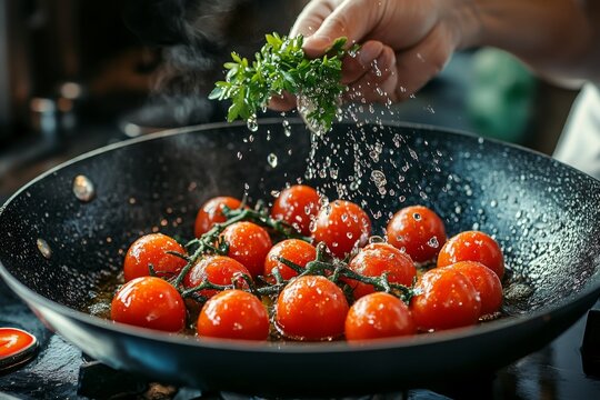 Cocinero agregando perejil fresco y sal a una sart&eacute;n con tomates cherry que se est&aacute;n salteando. 