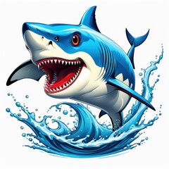 A vibrant, cartoonish shark leaps from the ocean, showcasing its fierce teeth and playful energy.