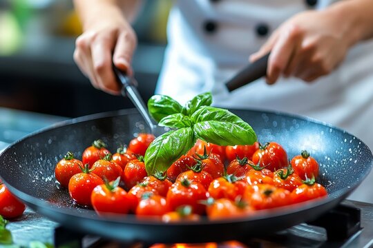 Tomates frescos siendo salteados en una sart&eacute;n con albahaca por un chef, capturando el proceso de preparaci&oacute;n de una salsa o guarnici&oacute;n.