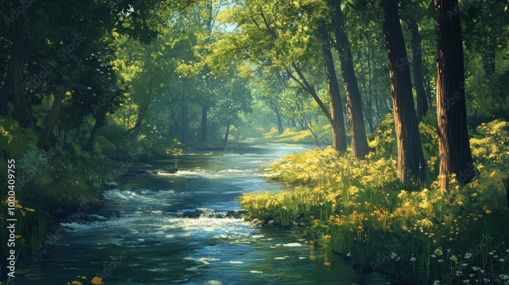 Canvas Prints A winding river flows through a lush, sun-dappled forest.