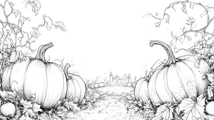 Hand-drawn ink-style illustration of a pumpkin patch.